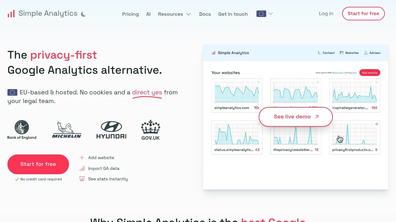 Screenshot of Simple Analytics website