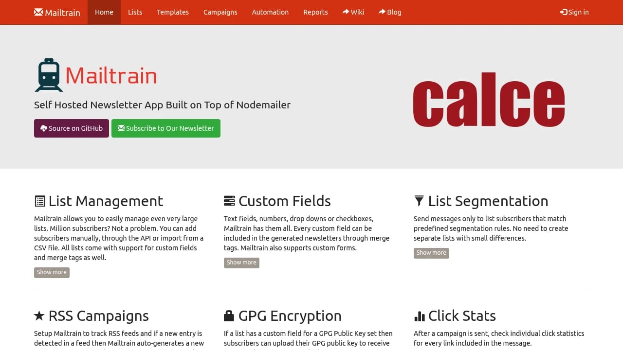 Screenshot of Mailtrain website