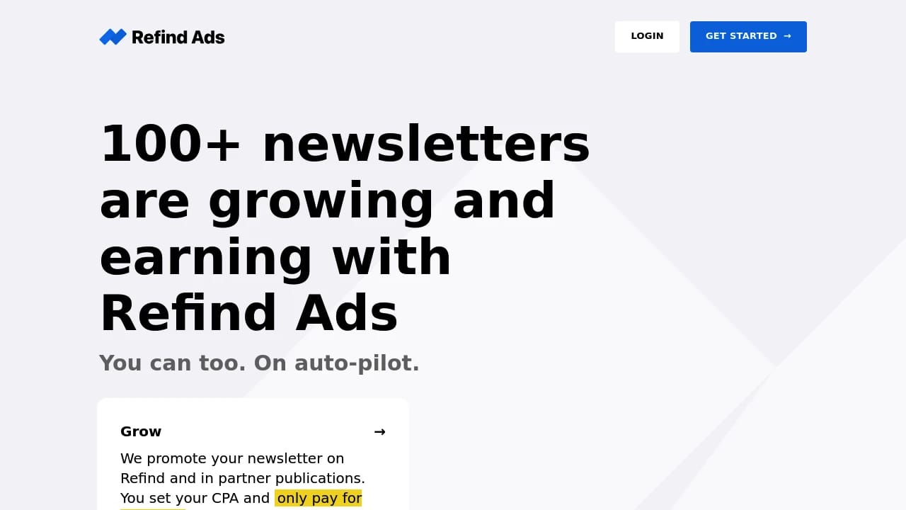 Screenshot of Refind Ads website