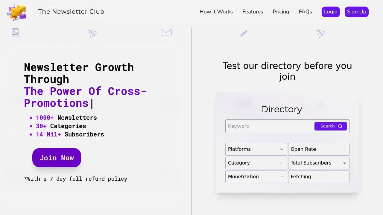 Screenshot of The Newsletter Club website
