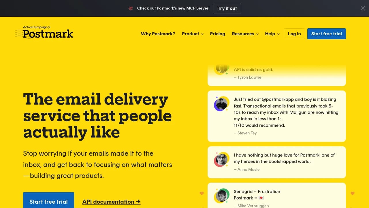 Screenshot of Postmark website