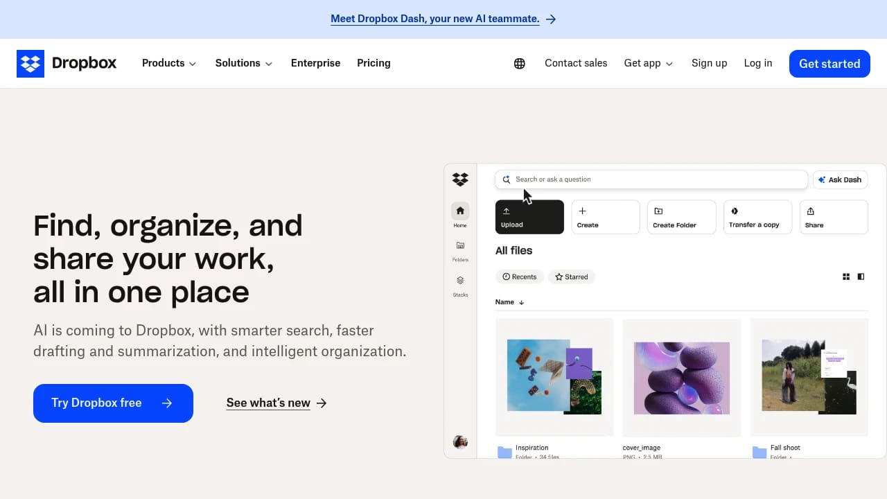 Screenshot of Dropbox website