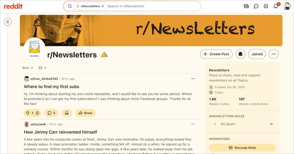 Screenshot of r/Newsletters website
