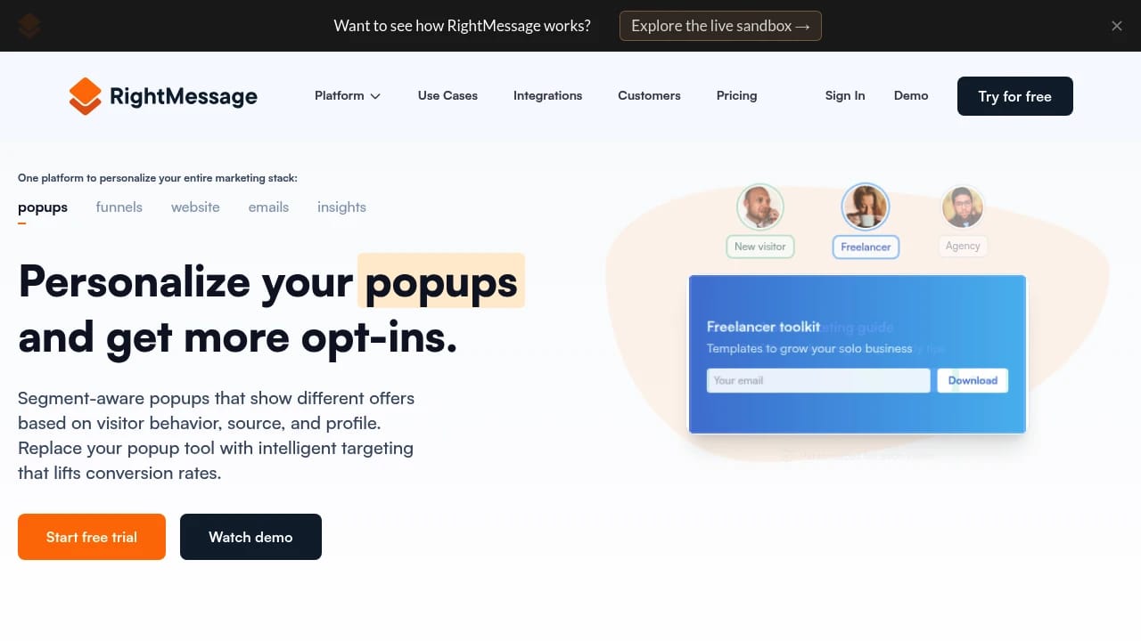 Screenshot of RightMessage website