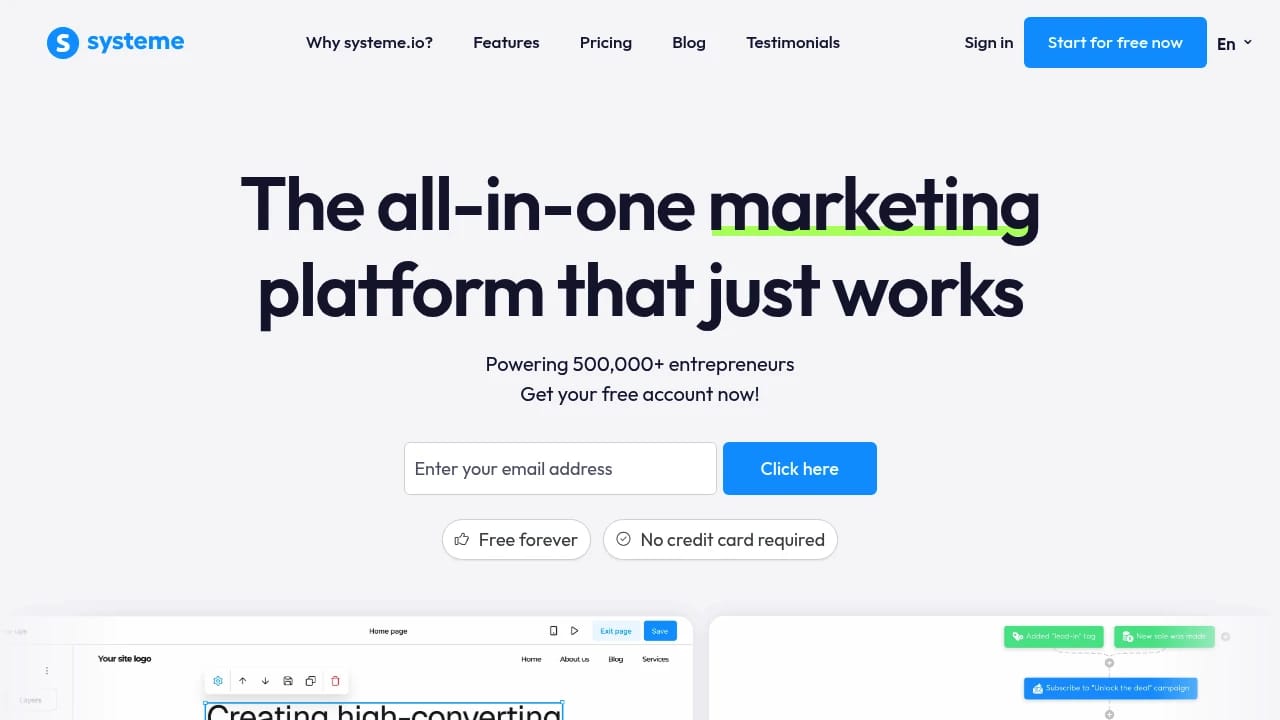 Screenshot of Systeme.io website