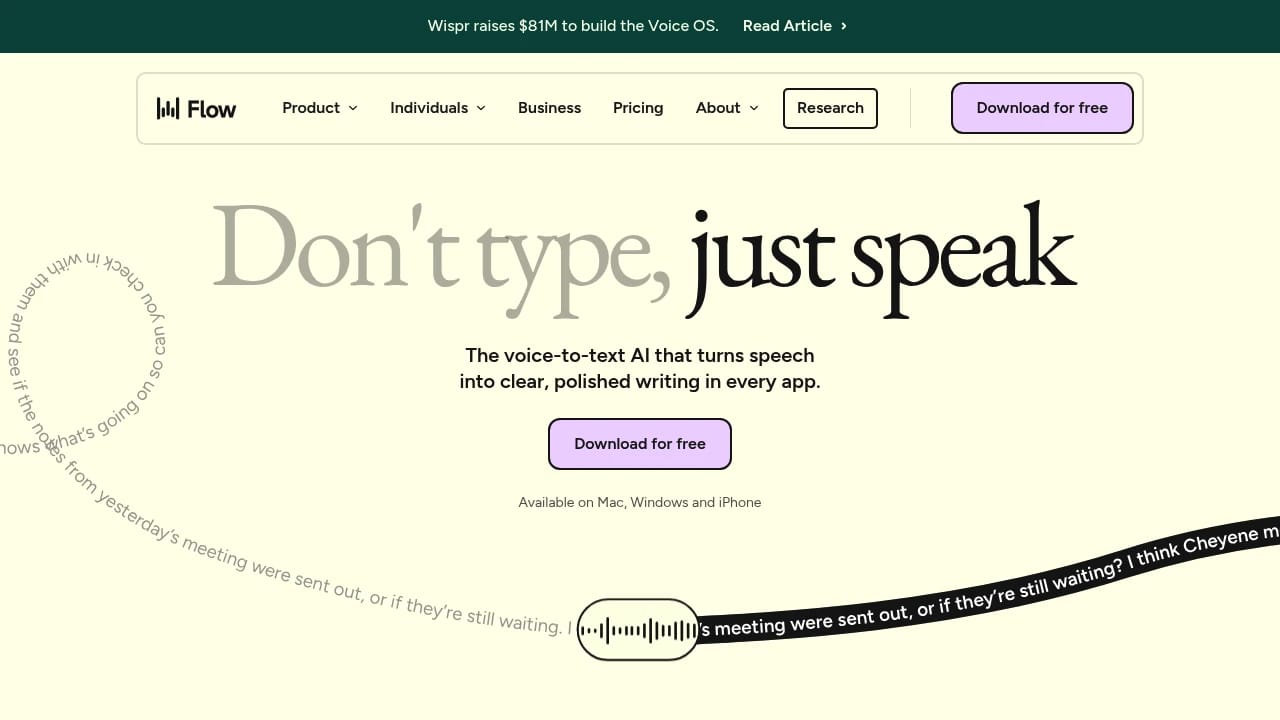 Screenshot of Wispr Flow website